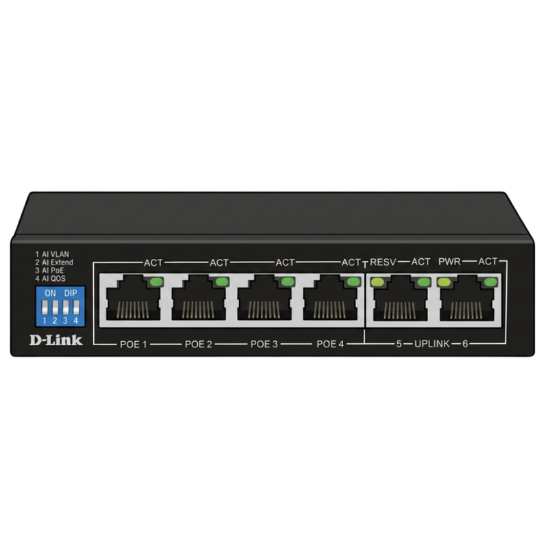 D-Link DES-F1006P-E | 6-Port Fast Ethernet PoE+ Switch, 250m Range, 60W, Plug & Play