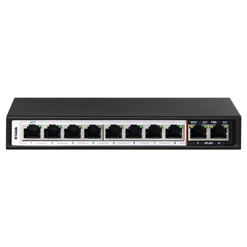 D-Link DES-F1010P-E | 8-Port Fast Ethernet PoE Switch + 2 Gigabit Uplinks, 250m, 120W