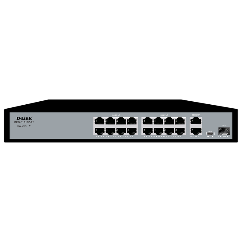 D-Link DES-F1018P-FE | 16FE PoE Switch + 2 Gigabit Uplink + SFP, 250m, Fanless