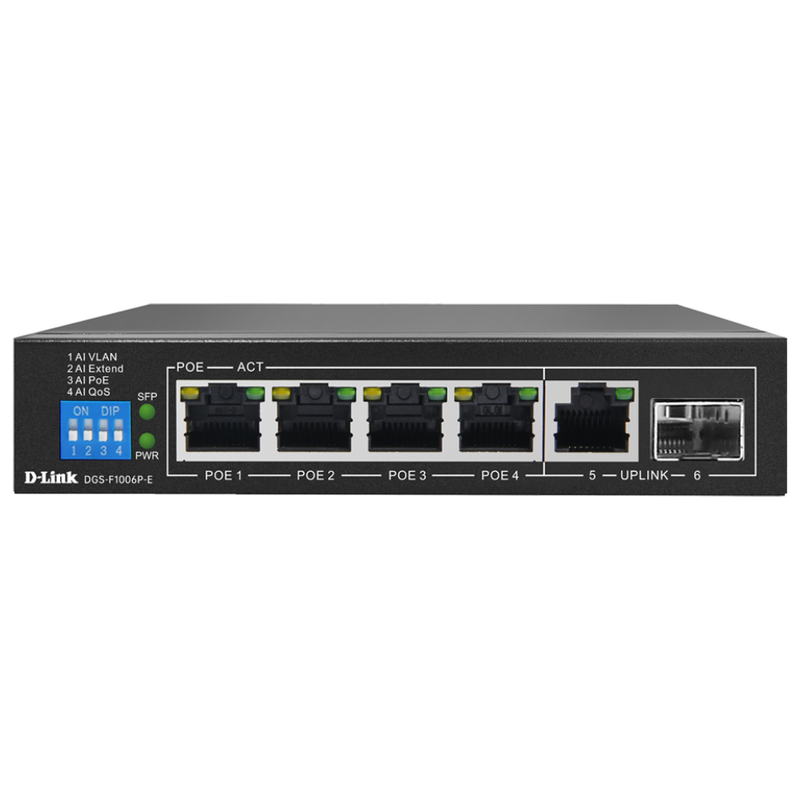 D-Link DGS-F1006P-E | 4GE PoE+ Switch with Gigabit & SFP Uplink, 250m, 60W