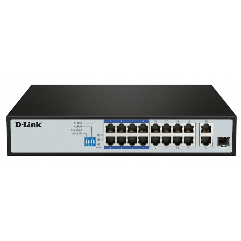 D-Link DGS-F1018P-E | 16GE PoE Switch with 2 SFP Uplinks, 250m, 150W