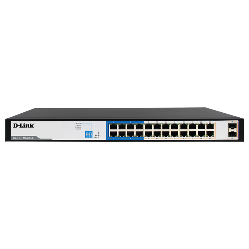 D-Link DGS-F1026P-E | 24GE PoE Switch with 2 SFP Uplinks, 250m, 250W